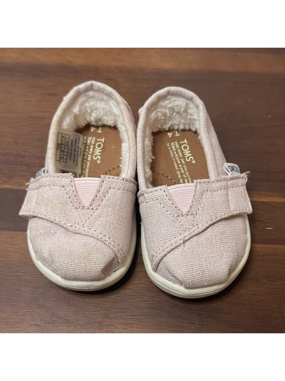 TOMS Pink Sparkle Slip-On Shoes – Toddler Size 4 – Glitter with Faux Fur Lining
